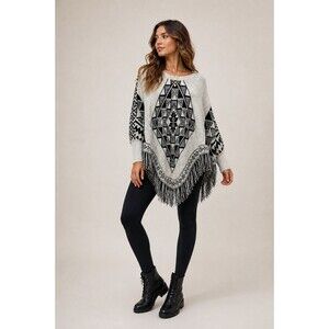 Olivia Sky Poncho Sweater Fringe Aztec Black White Boho S/M